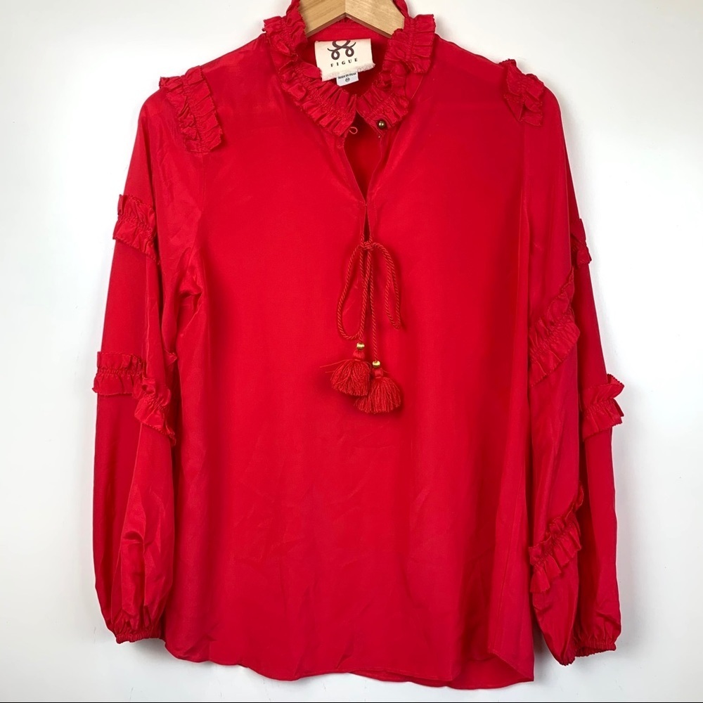 Figue Amelia Silk Ruffle Top Red Size Medium - Picture 3 of 9